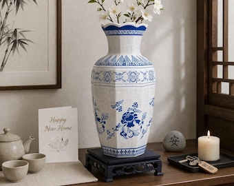 3D Blue and White Porcelain Puzzle Vase with Stand– DIY Home Decor Gift for Flowers Display, House Warming Gift, 3D Assembly Art, Craft Gift