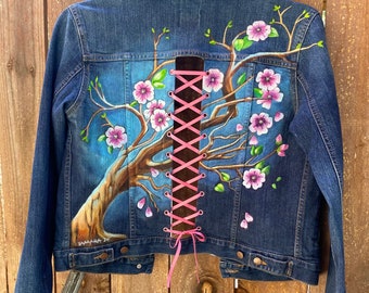 Hand Painted Lace up Cherry Blossom Denim Jacket. Size Small