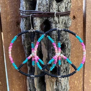 Pink, turquoise and black Beaded Peace Sign Hoop Earrings