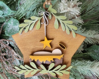 Baby Jesus Nativity Scene Wood Star Christmas Ornament