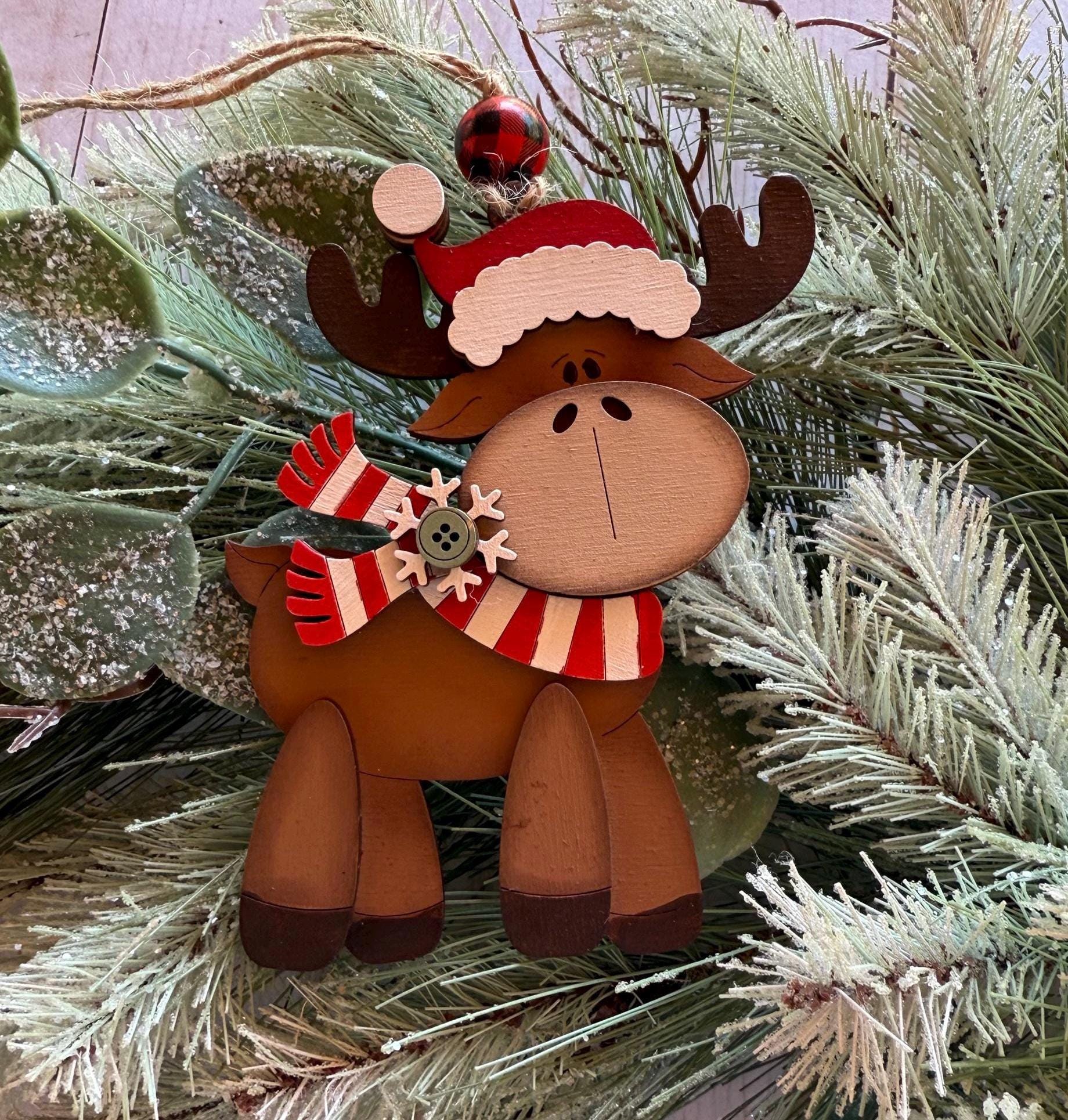 Hand-painted Wooden Moose Ornament — Rustic Christmas Moose With