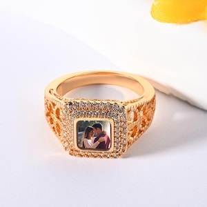 Personalized Square Photo Ring, Couple Photo Ring, Custom Picture Ring, Portrait Ring, Memorial Ring, Anniversary Ring, Gift for Her
