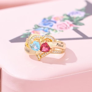 Custom Birthstone Ring for Lover, Dainty Birthstone Heart Ring, Promise Ring for Couple, Name Engraved Ring, Mom Ring Birthday Gift for Her