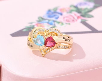 Custom Birthstone Ring for Lover, Dainty Birthstone Heart Ring, Promise Ring for Couple, Name Engraved Ring, Mom Ring Birthday Gift for Her