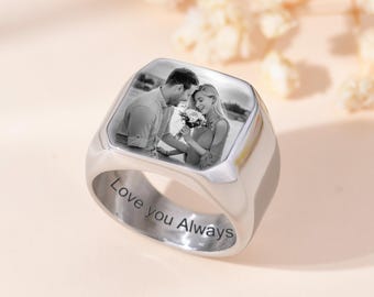 Memorial Photo Ring, Personalized Portrait Ring, Engraved Square Picture Jewelry, Keepsake Ring, Boyfriend Gift