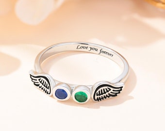 Personalisierter Engelsflügel Ring, Zierliche Zwei Birthstone Ring, Gedenkring, Trauerfall Ring, Fehlgeburt Ring, Erinnerungsring, Beileid Geschenk
