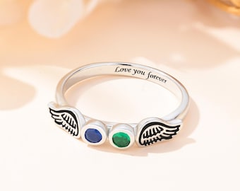 Bague aile d'ange personnalisée, bague fine avec pierre de naissance, bague ange gardien, bague commémorative, cadeau pour elle, bague de fausse couche, bague mère personnalisée