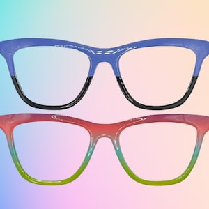 May include: Two pairs of eyeglasses with colorful frames. The top pair has blue and black frames, while the bottom pair has red, green, and blue frames.