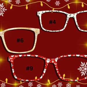 May include: Festive eyeglasses with holiday-themed designs. Includes a pair with white frames and string lights, another with gold frames, and a red pair with Santa Claus and "Ho! Ho!" text. Numbers #4, #6, and #9 are visible.