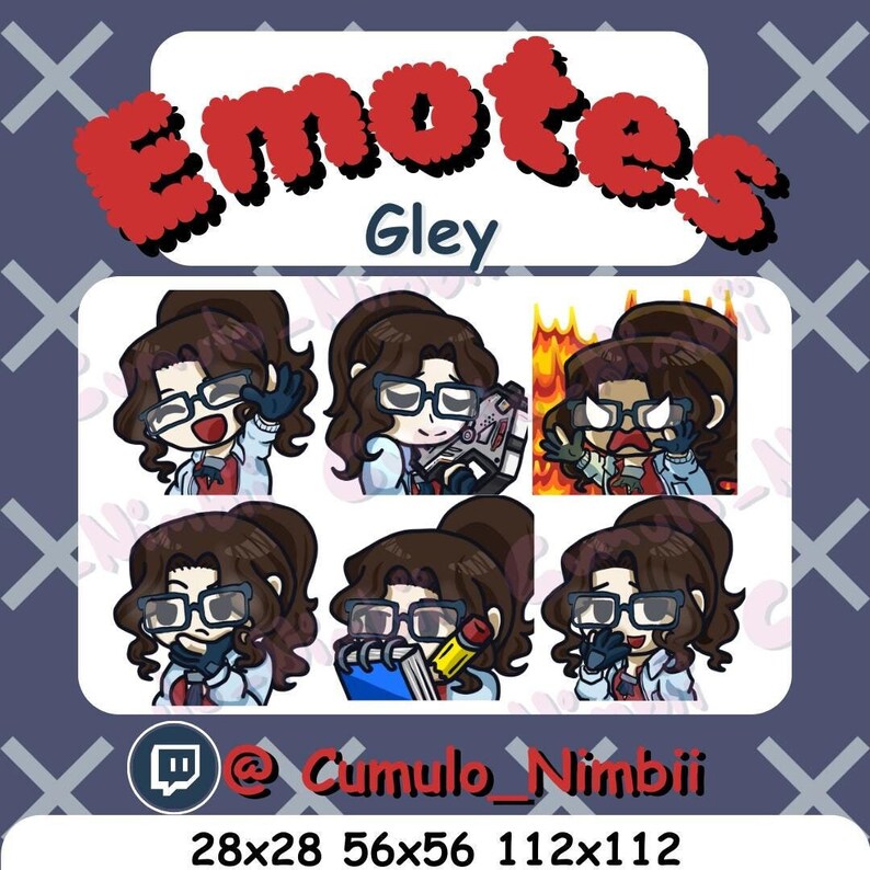 Puede incluir: Un conjunto de seis emoticonos animados de Twitch que representan a un personaje de dibujos animados con cabello casta&ntilde;o, gafas y una bata de laboratorio blanca. Los emoticonos est&aacute;n en diferentes poses y expresiones, incluyendo una ola, una mirada sorprendida y un pulgar hacia arriba. Los emoticonos est&aacute;n etiquetados como "Gley" y "@Cumulo_Nimbii". Los emoticonos est&aacute;n disponibles en tres tama&ntilde;os: 28x28, 56x56 y 112x112.