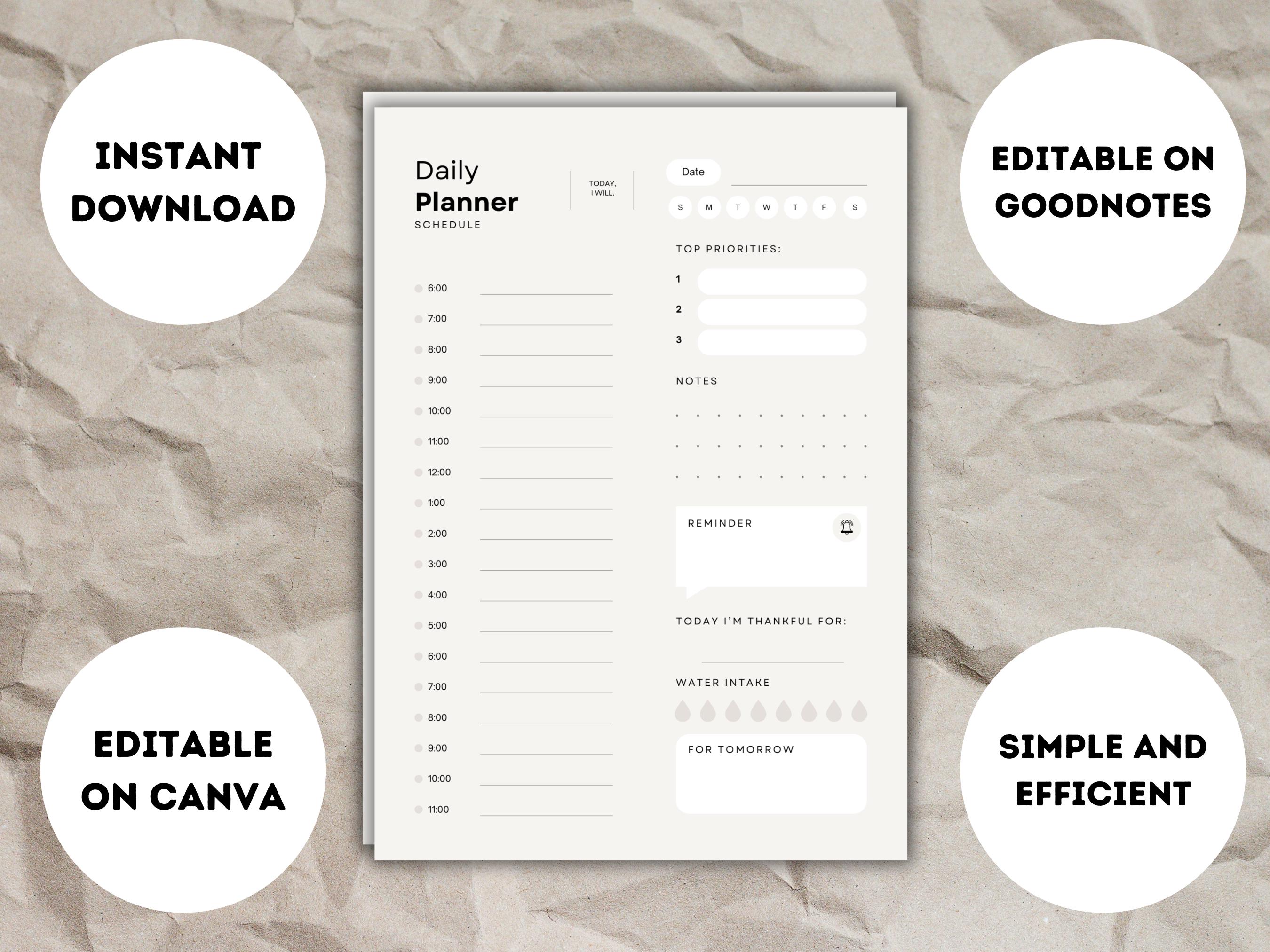 Daily Planner Printable Editable Canva Template Editable on Goodnotes ...
