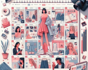 May include: A pink and blue illustrated calendar with a grid of images featuring fashion and style. The calendar is surrounded by various objects, including a camera, scissors, a graduation cap, and a paintbrush.
