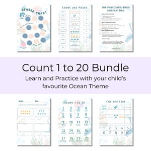 May include: A collection of printable educational worksheets with an ocean theme. Includes a reward chart, counting exercises, and a quick start guide. The text "Count 1 to 20 Bundle" is displayed prominently.
