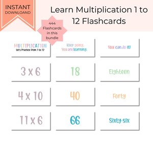 Op de afbeelding: Digitale download van vermenigvuldigingskaarten. De afbeelding toont flashcards met vermenigvuldigingssommen en antwoorden, zoals 3 x 6 = 18. De tekst bevat "Learn Multiplication 1 to 12 Flashcards" en "444 Flashcards in this bundle."