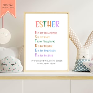 Puede incluir: Un cartel enmarcado con el nombre "ESTHER" en letras coloridas. El cartel enumera atributos positivos que comienzan con cada letra del nombre, como "Entusiasta" e "Inteligente". La parte inferior del cartel dice: "Una persona brillante y reflexiva con un corazón alegre."