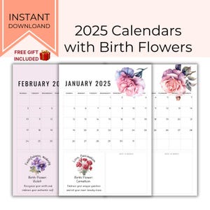 Calendario floral 2025 imprimible / Calendario de nacimientos con flores / Calendario mensual con citas inspiradoras / Descarga instantánea / Tamaño A4 y carta