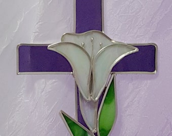 Stained Glass Cross Purple with flower