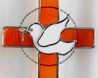 Stained Glass 3D Cross amber with White Dove
