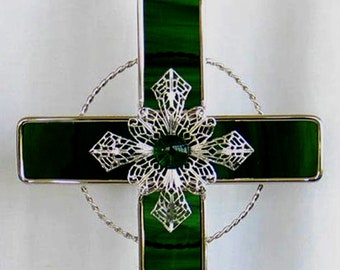 Stained Glass Cross green Glass with Silver Medallion and Jewel