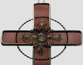 Stained Glass Cross  mauve  Glass with Silver Medallion and Jewel