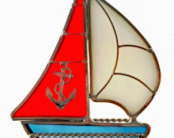 Stained Glass 3D sailboat suncatcher red blue white