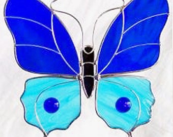 Stained Glass Large Butterfly Suncatcher Dark Blue and Light Blue Lead Free