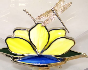 Stained Glass Dragonfly Night Light with Yellow Lilly on pond