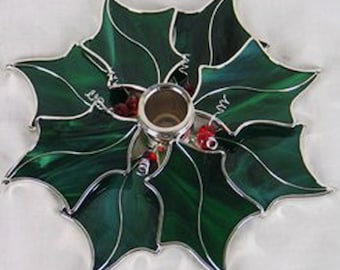 Stained Glass Christmas Holly and Berries Taper Candle Holder Lead Free