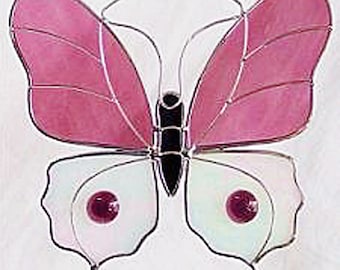 Stained Glass Large Butterfly Suncatcher Mauve and White Lead Free