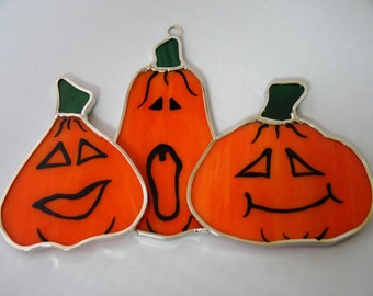 Stained Glass Halloween Jack-o-Lantern trio Sun Catcher