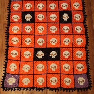 May include: A handmade crochet blanket featuring a repeating skull pattern. The blanket has a black border and is composed of orange, black, white, and purple squares. The skulls are white, and the squares are orange.