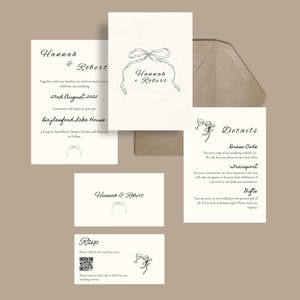 May include: A wedding invitation suite with a simple design featuring a hand-drawn bow and the names "Hannah & Robert". The invitation includes details about the ceremony, reception, dress code, transportation, and RSVP information.