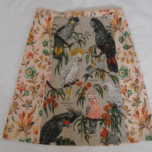cockatoos of australia...vintage tea towel and curtain fabric A line skirt