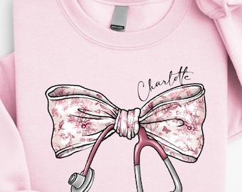 Custom Nurse Toile Bow Sweatshirt, Stethoscope Bow Shirt, Nurse Coquette Tee, Personalized Gift for Nurse Week, Healthcare Professionals Tee