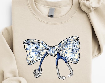 Nurse Toile Bow Sweatshirt, Stethoscope Bow Shirt, Nurse Coquette Shirt, Gift for Nurse, Healthcare Professionals Shirt, Nurse Appreciation