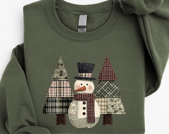 Faux Patchwork Winter Sweatshirt, Cute Snowman Shirt, Patchwork Snowman Sweater, Holiday Season T-Shirt