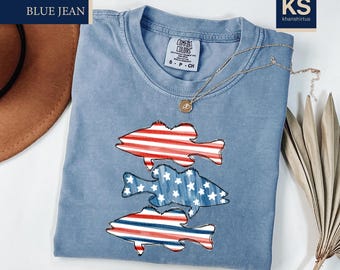American Flag Fish Comfort Colors T-Shirt, 4th of July Bass Shirt, Patriotic Shirt, Fisherman Gift, Red White Blue T-Shirt