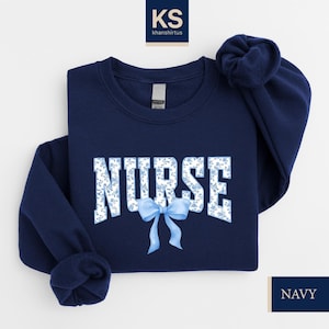 Nurse Toile Coquette Bow Sweatshirt, Nurse Crew Shirt, Registered Nurse Shirt, Floral Nurse Tee, Toile Blue Bow Shirt, Nurse Ribbon Sweater
