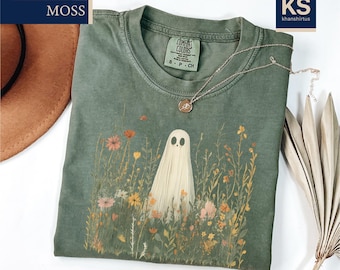 Cute Ghost in Wildflowers Comfort Colors Shirt, Spooky Fall Shirt, Floral Halloween Tee, Boho Ghost T-shirt, Ghost Flowers Shirt