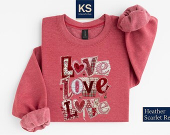 Faux Patchwork Love Sweatshirt, Quilter Valentine Shirt, Gift for Her, XOXO Sweater, Heart T-Shirt