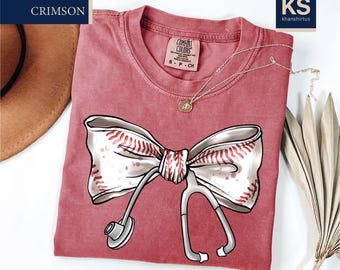 Baseball Nurse Shirt, Stethoscope Coquette Bow Comfort Colors T-Shirt, Game Day Gift for Nurse, Nursing Student Shirt, Baseball Mom Tee