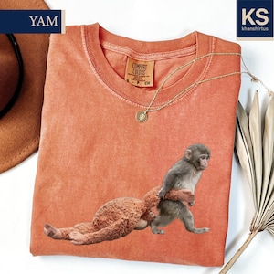 May include: Coral-colored t-shirt with a crew neck and a graphic of a monkey carrying a teddy bear. The shirt has a Comfort Colors tag and a gold necklace. A brown hat is visible in the upper left corner.