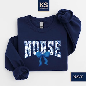 Nurse Toile Bow Sweatshirt, Coquette Nurse Shirt, Christmas Gift For Nurse, Registered Nurse Shirt, Floral Nurse Shirt, Toile Blue Bow Shirt