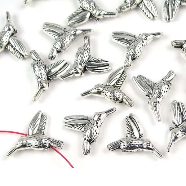 15 Hummingbird Flying Bird Charm Silver Pewter beads 18x14mm (p330)
