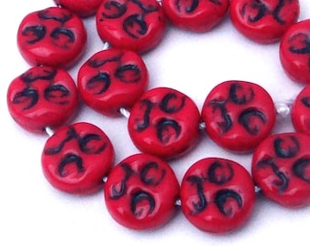 Full Moon Faces Czech Glass Beads 12 pcs Opaque Red - Black Jet Inlay 9mm  (C580)