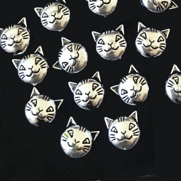 15 Antique Silver Pewter Cat Head Face Bead Kitty Pet Animal 2 sided 8mm (p444)