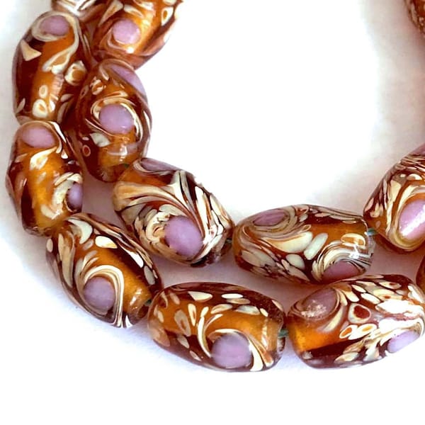 6 Lampwork Handmade Glass Topaz Garden Barrel Beads 15x9mm (L055)