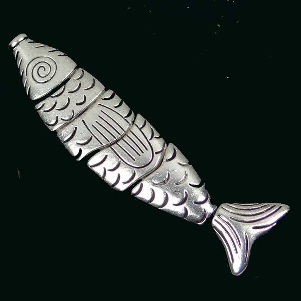 1, 4, 20 or 50 Bulk Antique Silver Pewter Large Segmented Assembled focal Pendant Bead - Greek Worry Fish 70x15mm  (P239)