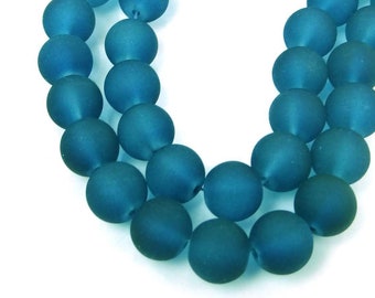 10mm Marine / Azure 25 Frosted Sea Glass Round / Rocaille Beads Matte (e8080)
