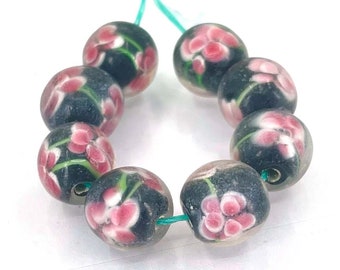 8 Handmade Lampwork Glass black Encased Pink Rose Flower Floral Round Beads 12mm (L1252)
